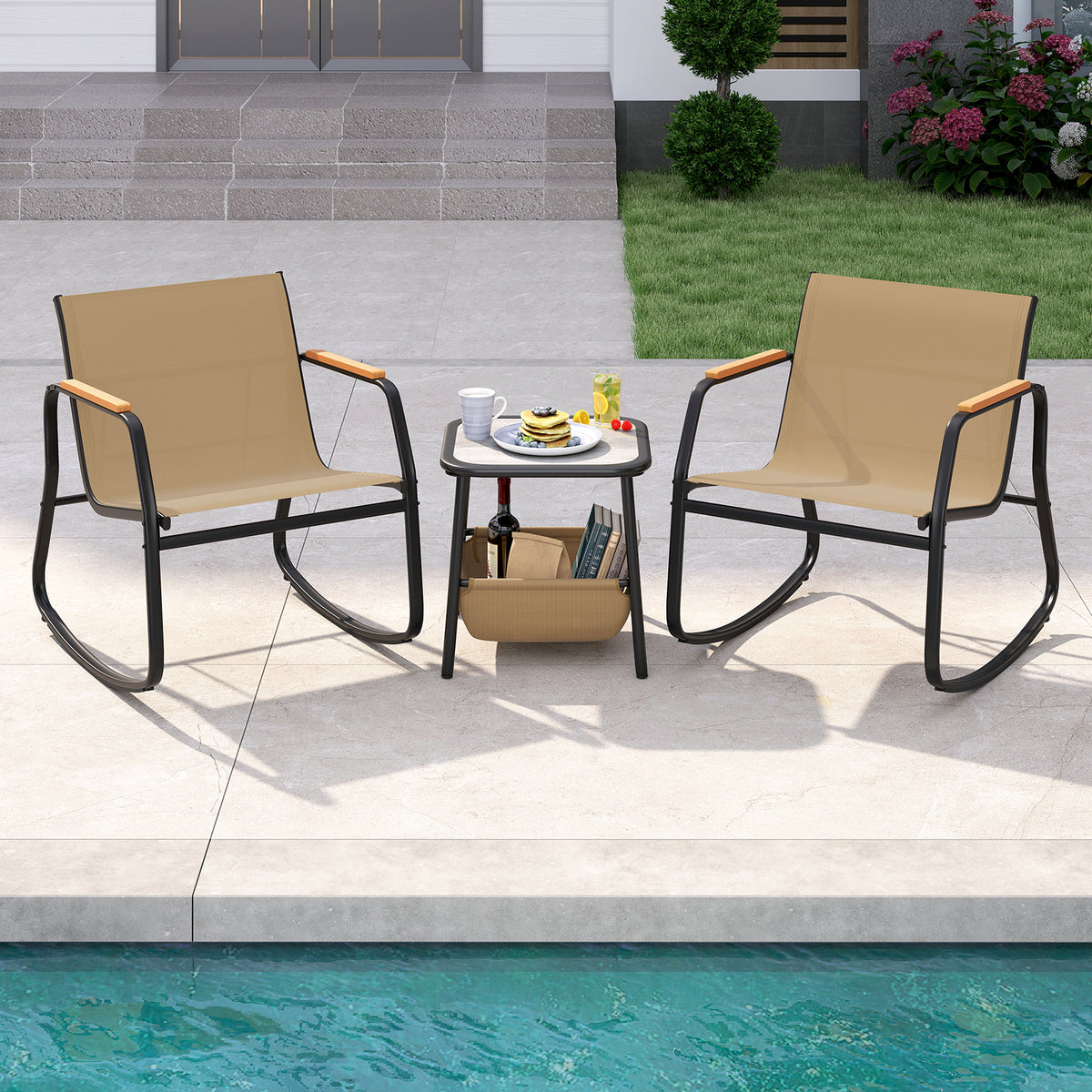 3 Piece Rocking Bistro Chairs, Side Table Set, Storage Bag, Brown Patio Conversation Sets at Gallery Canada