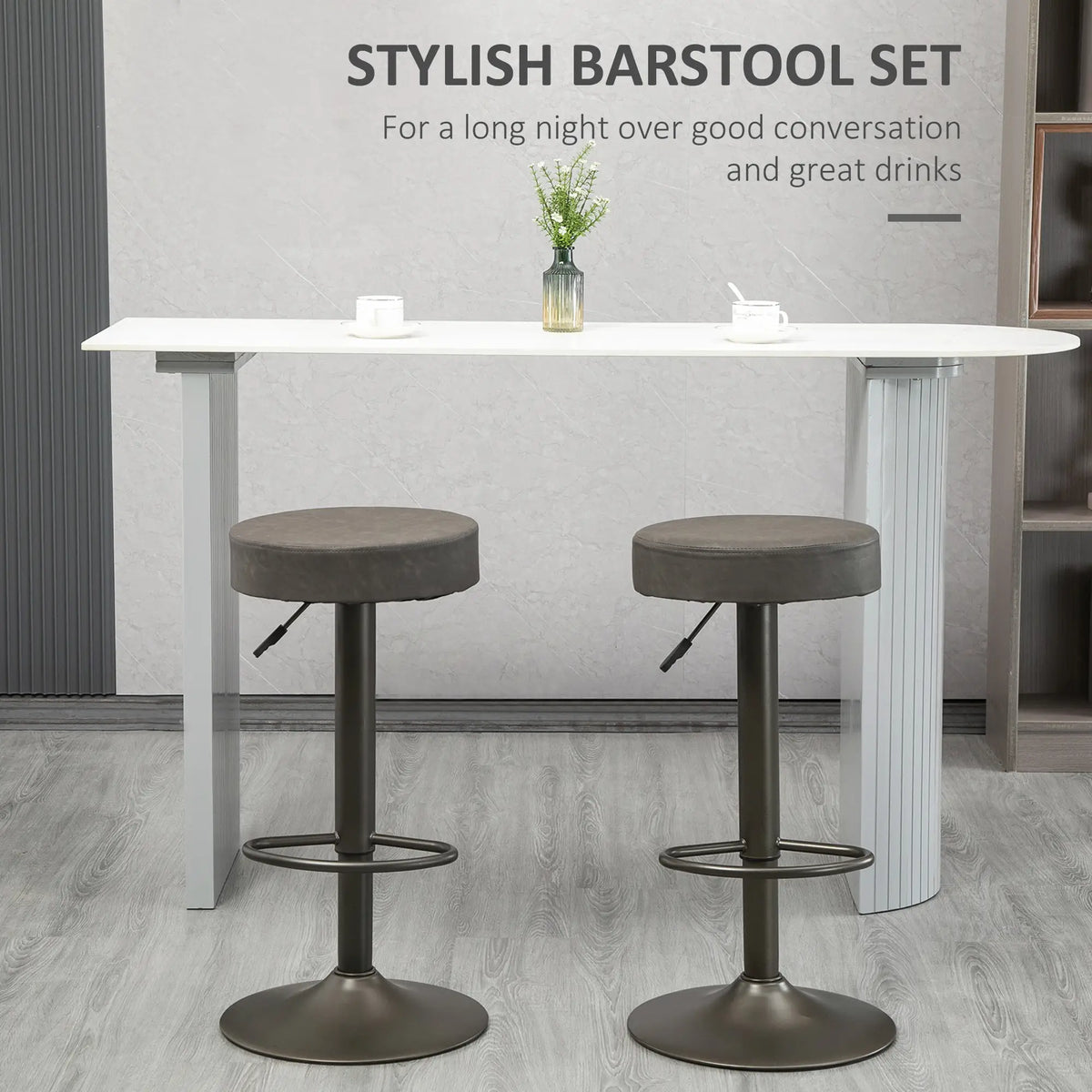 Adjustable Bar Stools Set of 2, Swivel with Footrest, PU Leather Round Top, Dark Grey Bar Stools at Gallery Canada