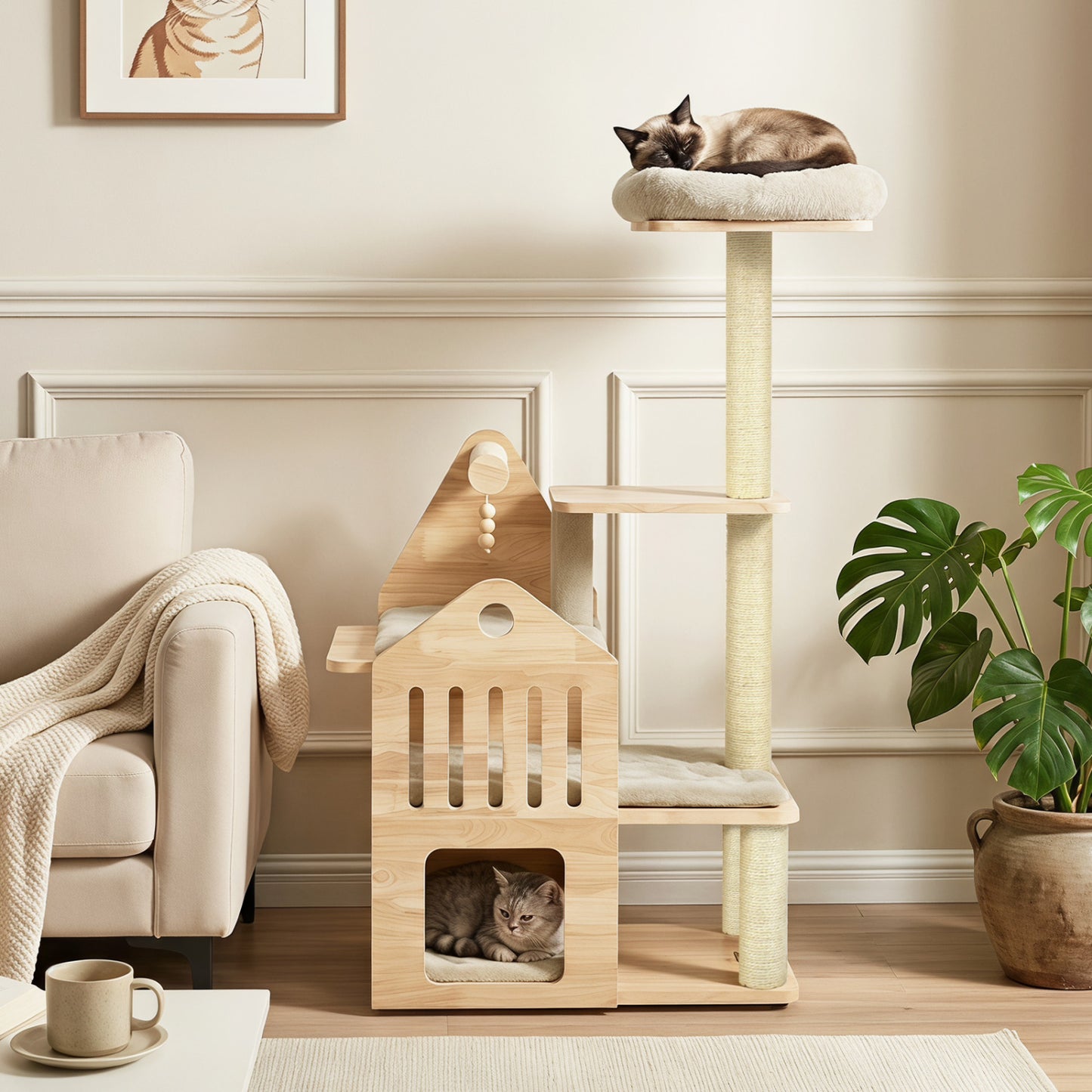 48.5" Solid Wood Cat Tree, Beige