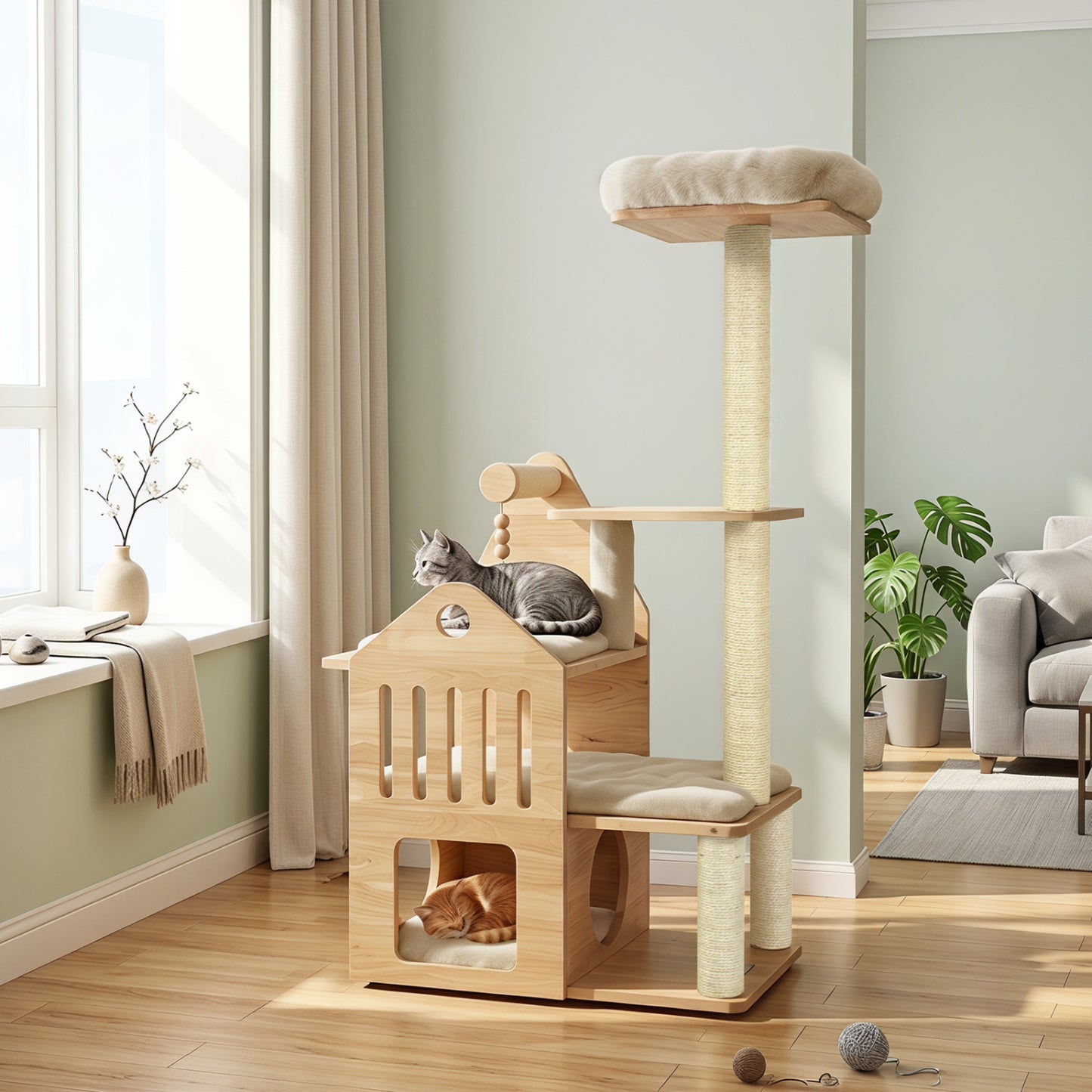 48.5" Solid Wood Cat Tree, Beige