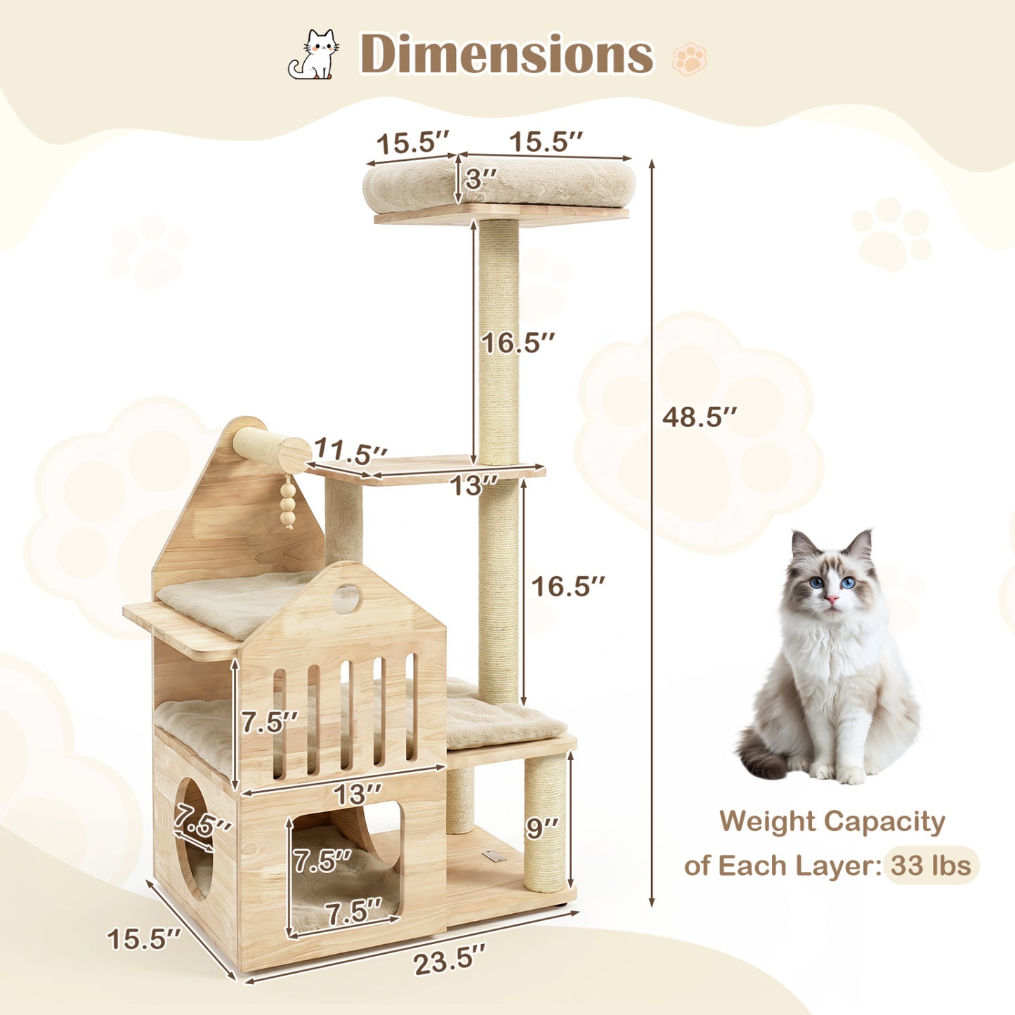 48.5" Solid Wood Cat Tree, Beige