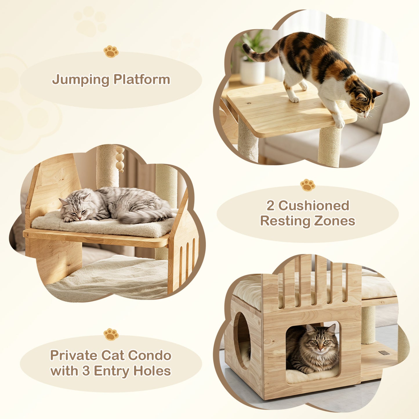 48.5" Solid Wood Cat Tree, Beige
