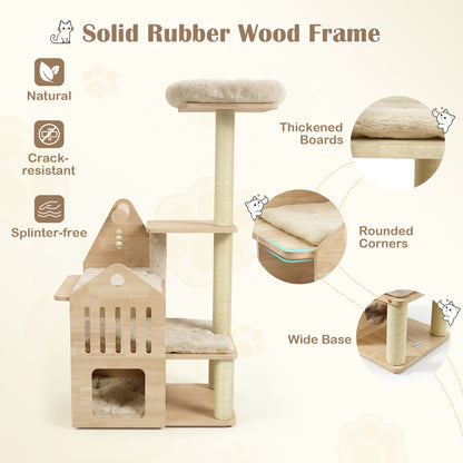 48.5" Solid Wood Cat Tree, Beige