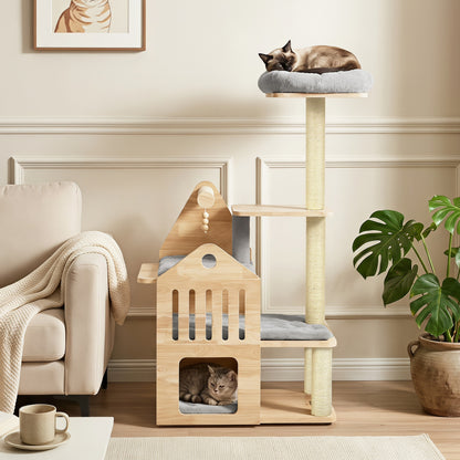 Multilevel Solid Wood Cat Tree, 48.5", Gray