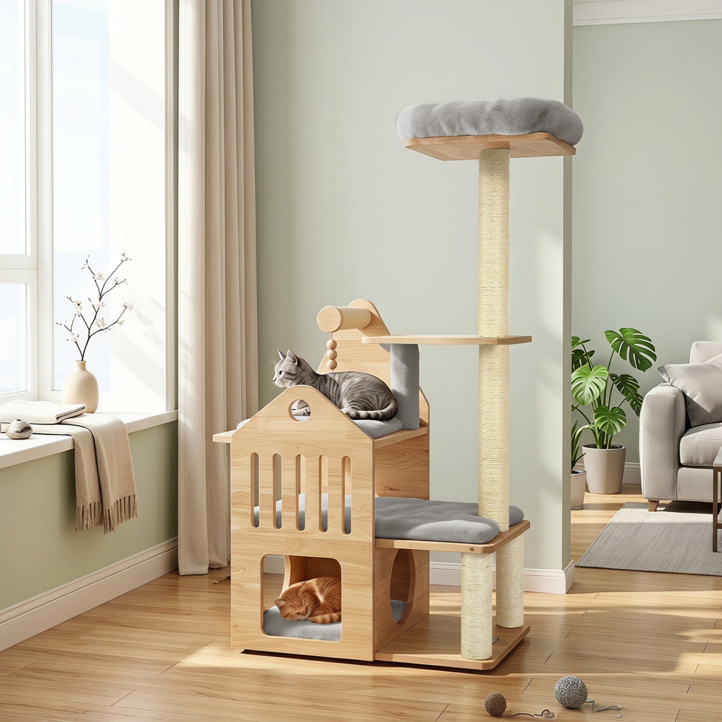 Multilevel Solid Wood Cat Tree, 48.5", Gray