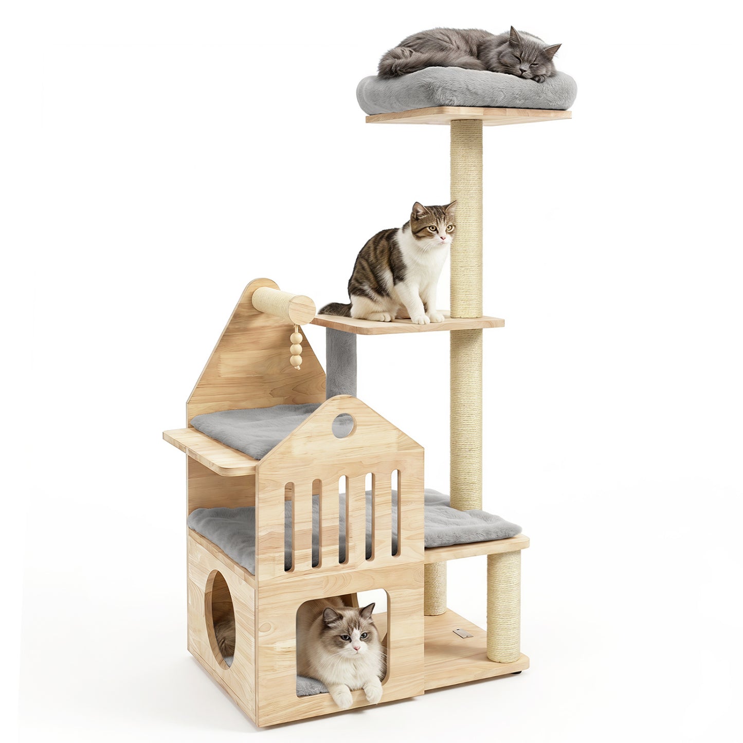 Multilevel Solid Wood Cat Tree, 48.5", Gray