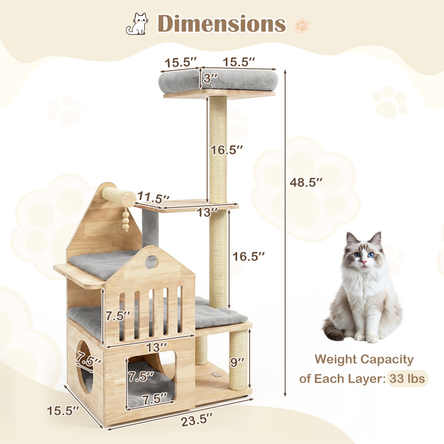 Multilevel Solid Wood Cat Tree, 48.5", Gray