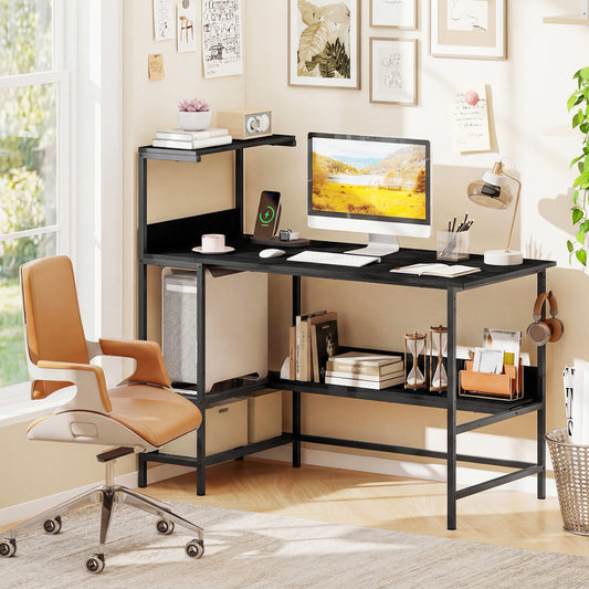 48 Inch Computer Desk With Power Outlets, Storage Shelves, Black Computer Desks Black at Gallery Canada