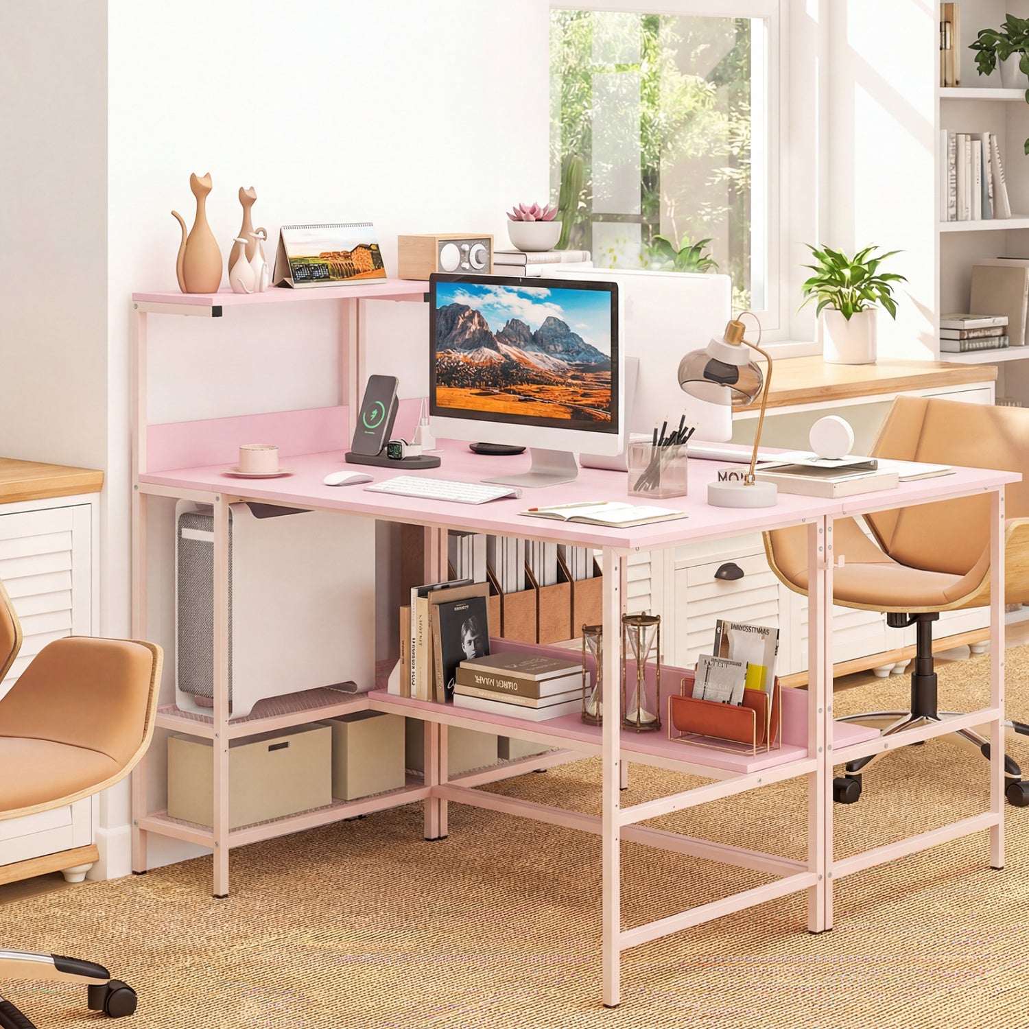 48 Inch Computer Desk With Power Outlets, Storage Shelves, Pink Computer Desks at Gallery Canada