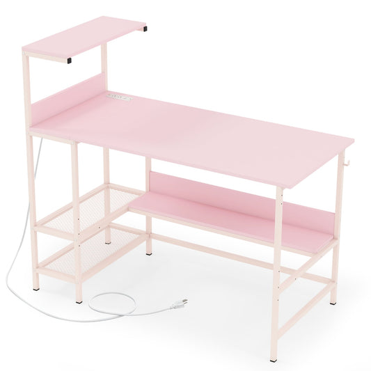48 Inch Computer Desk With Power Outlets, Storage Shelves, Pink Computer Desks Pink at Gallery Canada