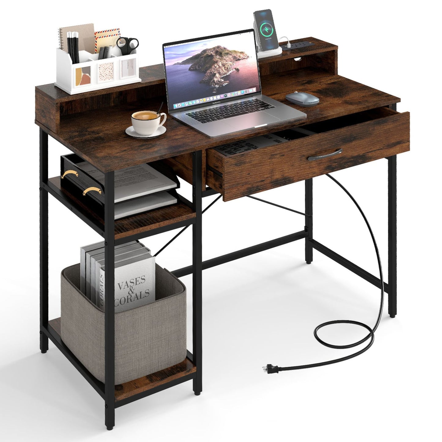 48 Inch Computer Desk With Monitor Stand, Drawer, Shelves, Rustic Brown Computer Desks Rustic Brown at Gallery Canada
