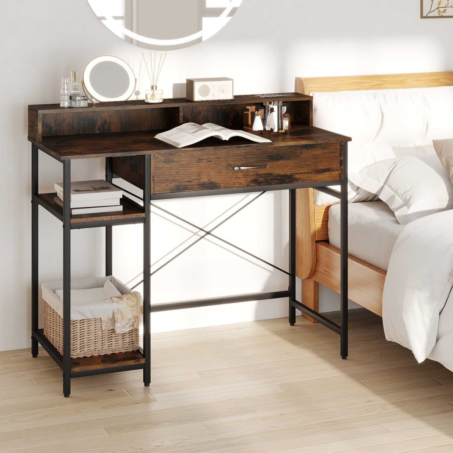 48 Inch Computer Desk With Monitor Stand, Drawer, Shelves, Rustic Brown Computer Desks at Gallery Canada