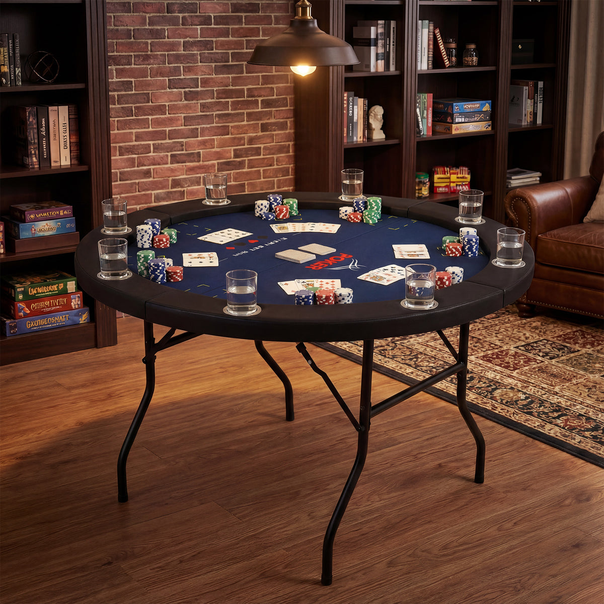 48 Inch Foldable Poker Table with 8 Cup Holders and Padded Edges, Blue Game Room at Gallery Canada