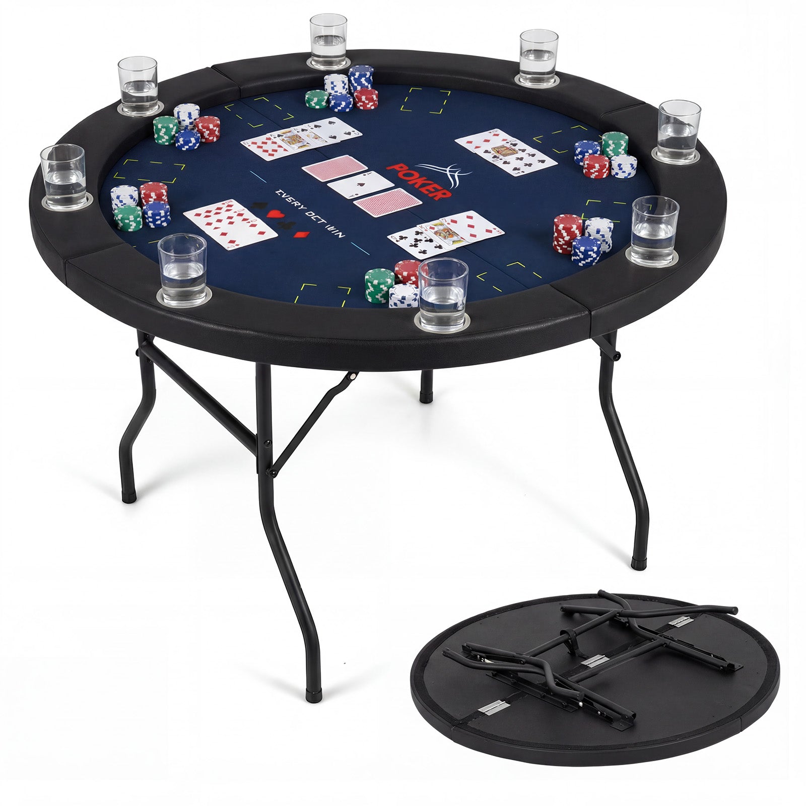 48 Inch Foldable Poker Table with 8 Cup Holders and Padded Edges, Blue Game Room at Gallery Canada