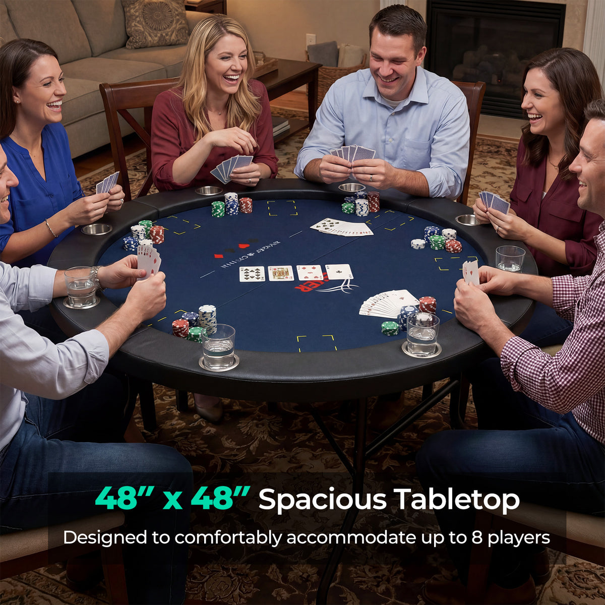 48 Inch Foldable Poker Table with 8 Cup Holders and Padded Edges, Blue Game Room at Gallery Canada