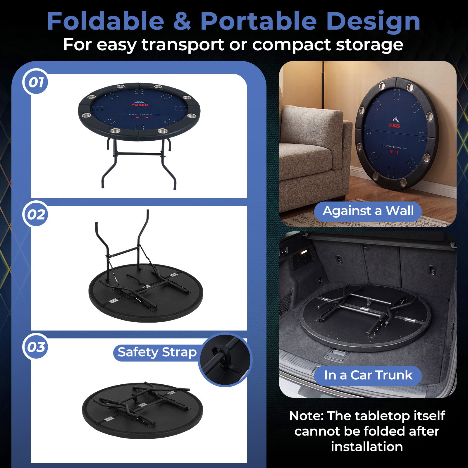 48 Inch Foldable Poker Table with 8 Cup Holders and Padded Edges, Blue Game Room at Gallery Canada