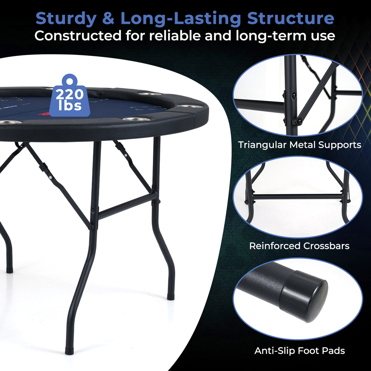 48 Inch Foldable Poker Table with 8 Cup Holders and Padded Edges, Blue Game Room at Gallery Canada