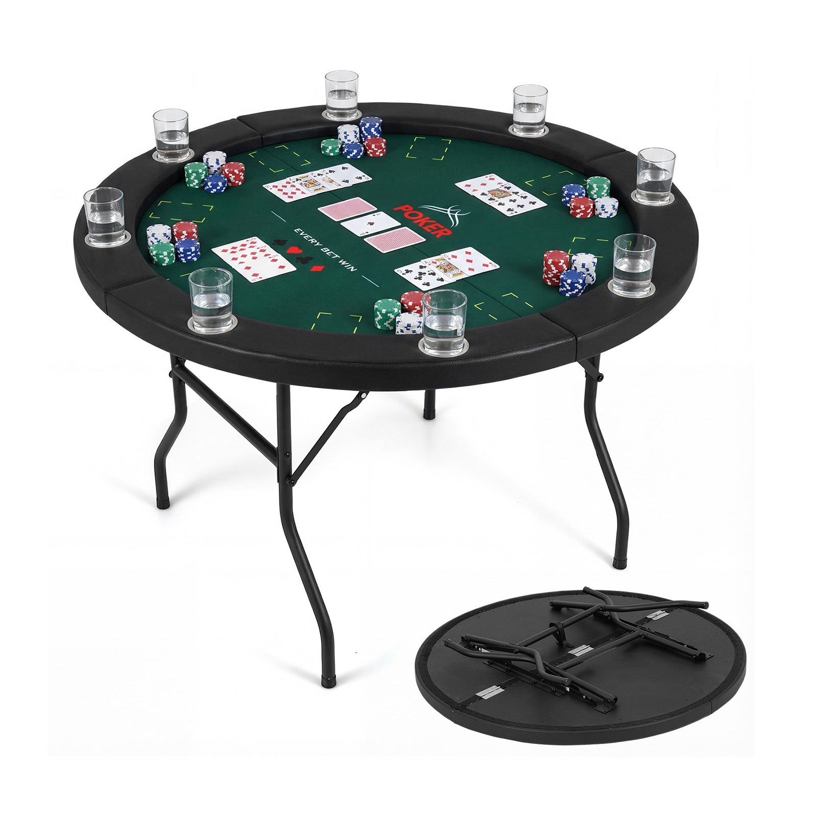 48 Inch Foldable Poker Table with 8 Cup Holders and Padded Edges, Green Game Room at Gallery Canada