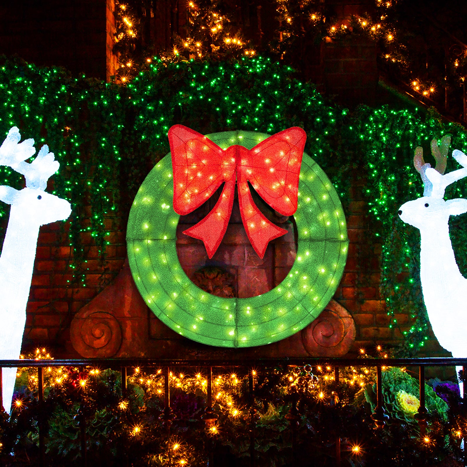 48 Inch Pre-Lit Christmas Mesh Wreath, 200 LED Bulbs, Green Christmas Decor & Accessories at Gallery Canada