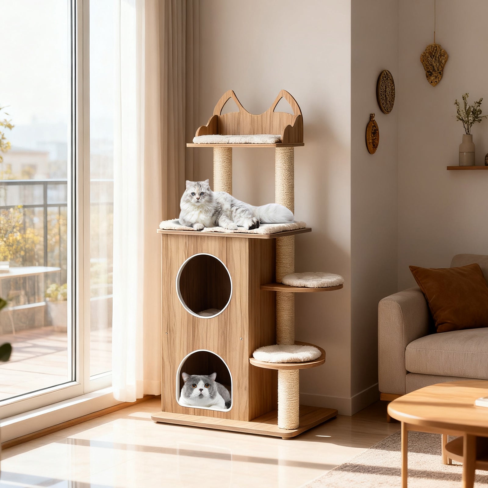48 Inch Wooden Cat Tree, 2-Floor Condo, Washable Cushions, Natural Cat Trees Condos & Scratchers at Gallery Canada