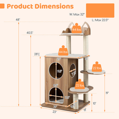 48 Inch Wooden Cat Tree, 2-Floor Condo, Washable Cushions, Natural Cat Trees Condos & Scratchers at Gallery Canada