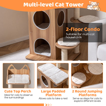 48 Inch Wooden Cat Tree, 2-Floor Condo, Washable Cushions, Natural Cat Trees Condos & Scratchers at Gallery Canada