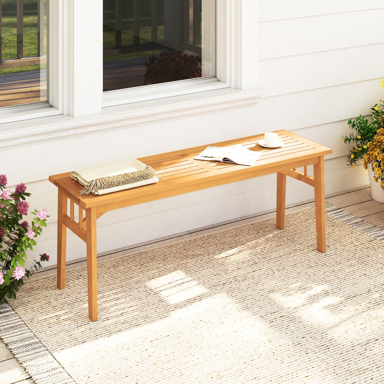 48 Inch Acacia Wood Bench, Breathable Slat Seat, Stable Triangular Structure Outdoor Benches at Gallery Canada