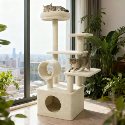 48 Inches Tall Cat Tree Multi-Level Kitten Tower with Large Condo Padded Top Perch, Beige