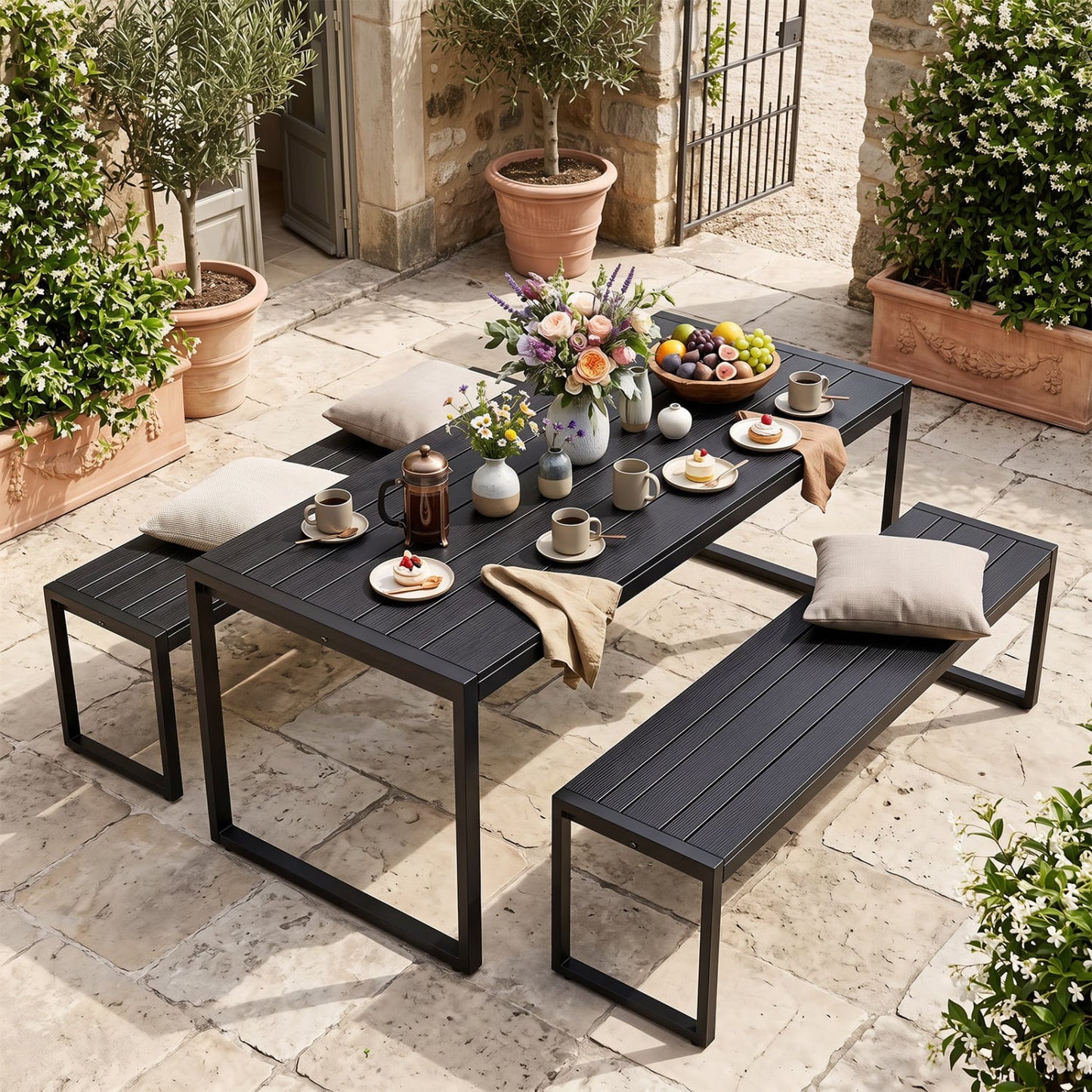 48" Outdoor Bench Set of 2 with Wood-Plastic Composite and Metal Frame Slatted Sea, Black