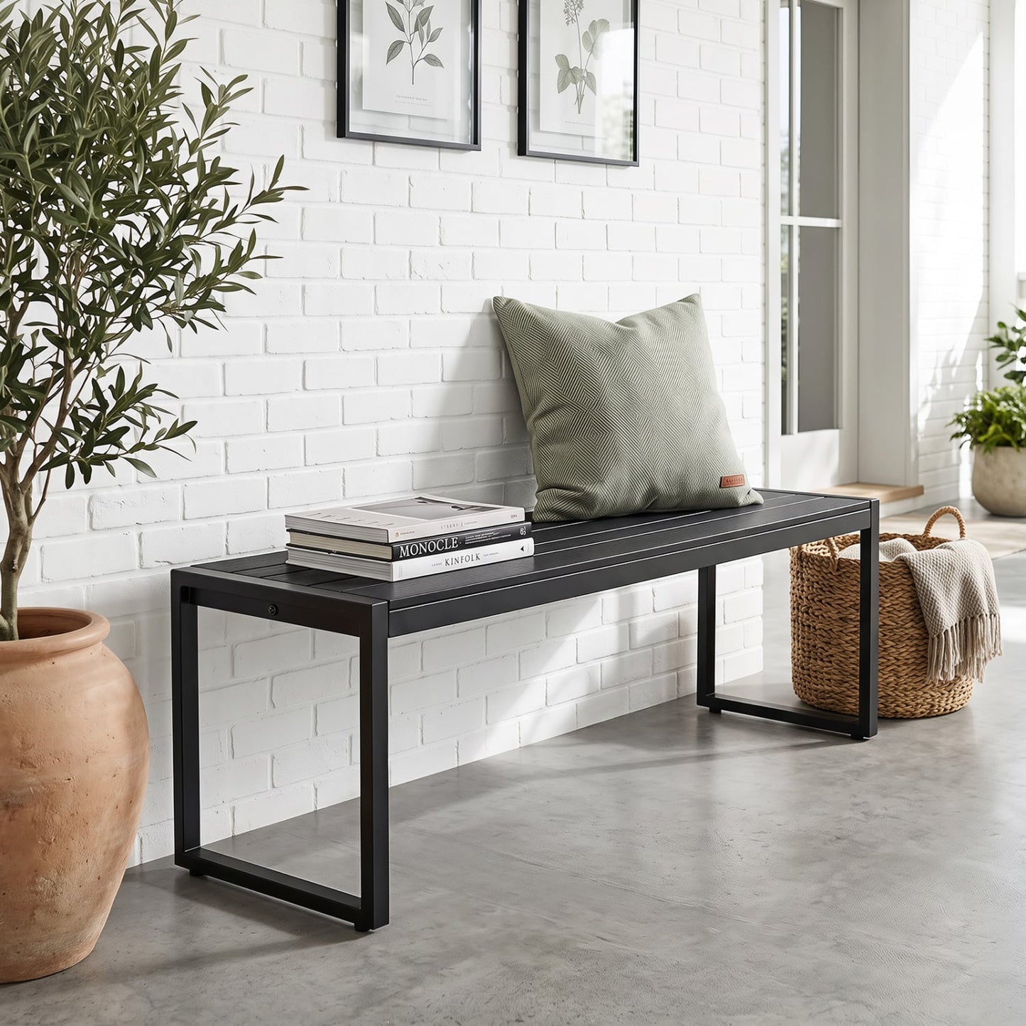 Banc d'extérieur 48" en composite bois-plastique, cadre en métal, noir