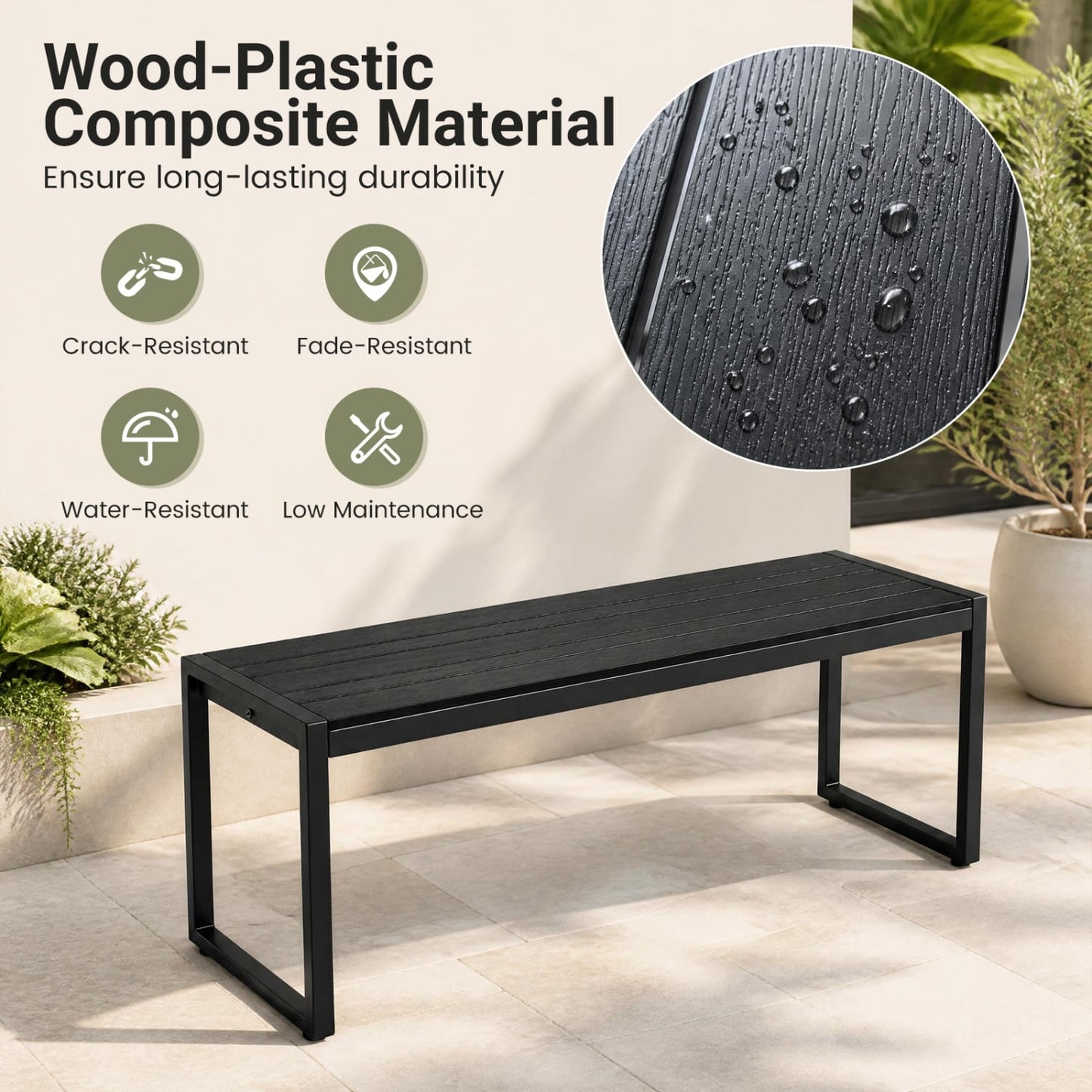 Banc d'extérieur 48" en composite bois-plastique, cadre en métal, noir