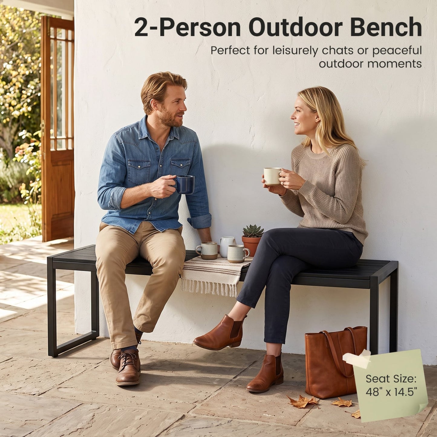 Banc d'extérieur 48" en composite bois-plastique, cadre en métal, noir