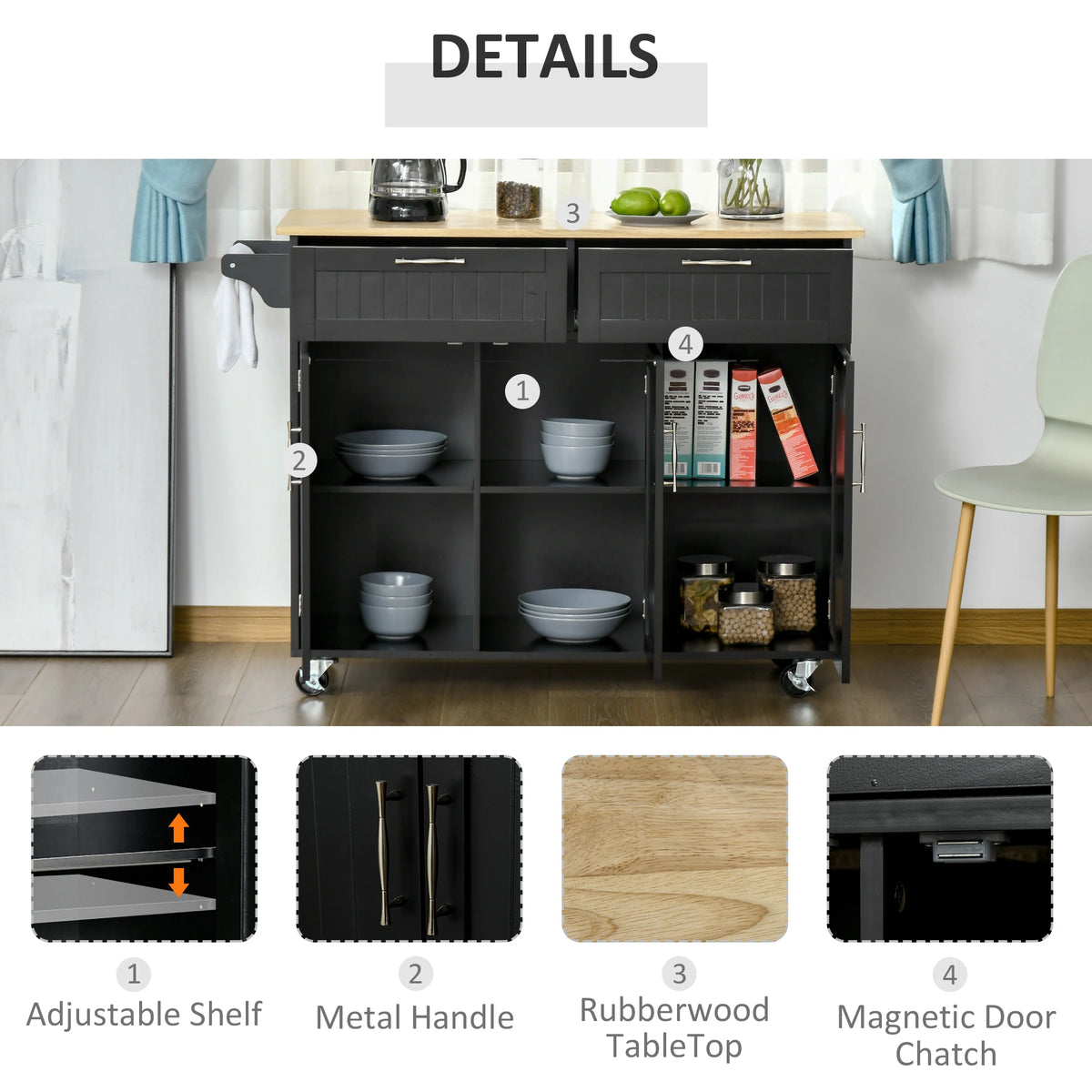 Modern Kitchen Island, Utility Cart with 2 Drawers, Cabinets, Black Kitchen Islands & Kitchen Carts at Gallery Canada