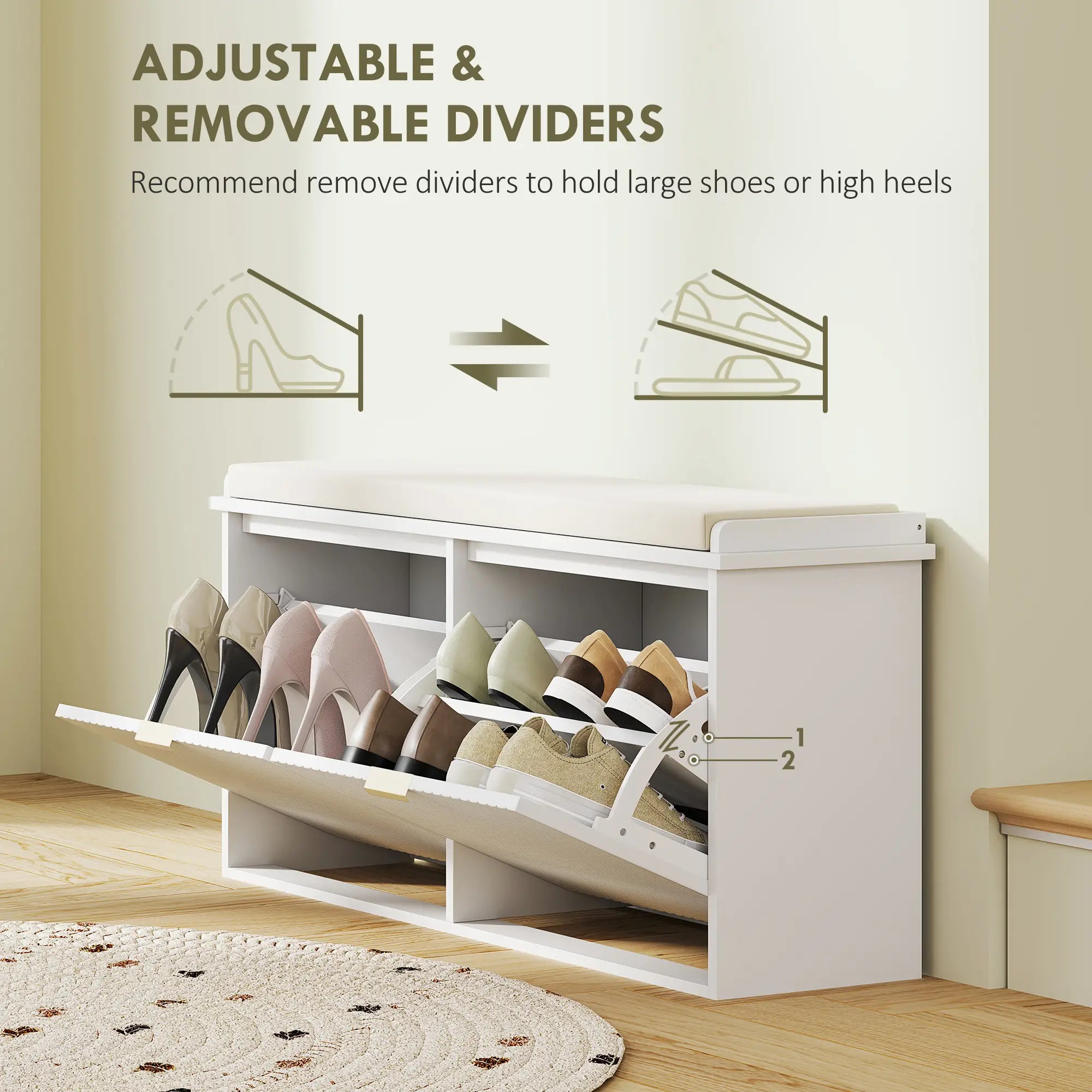 Entryway Bench with Padded Seat, Flip-Drawers, Holds 529lbs, White Shoe Storage Cabinets & Racks at Gallery Canada