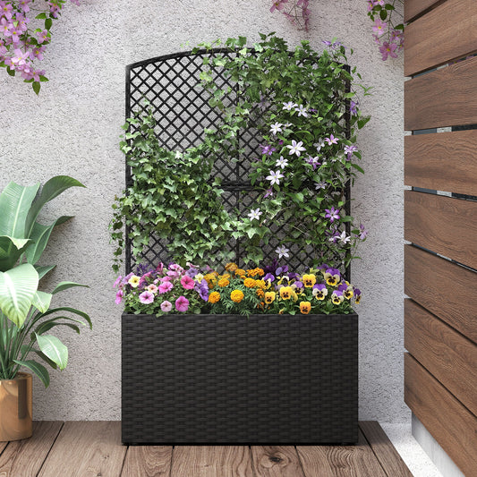 49 Inch Raised Garden Bed With Trellis, Wicker Planter Box, Black Raised Garden Beds Black at Gallery Canada