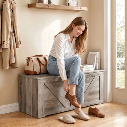 31.5" Storage Chest with Safety Hinge, Grey Wood Grain, Grey Storage Cabinets at Gallery Canada