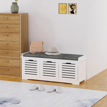 Upholstered Shoe Cabinet Bench, 3 Drawer Storage, White Shoe Storage Cabinets & Racks at Gallery Canada