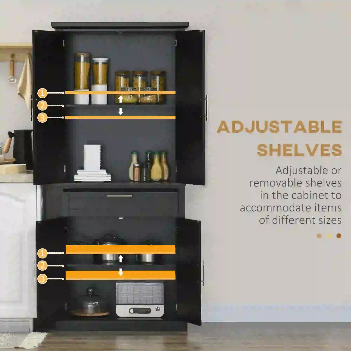 72" Kitchen Pantry Cabinet, 4-Door with Drawer, Adjustable Shelves, Black Kitchen Pantry Cabinets at Gallery Canada