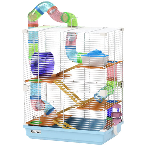 5-Tier Hamster Cage with Wheels, Tube, Water Bottle, Light Blue