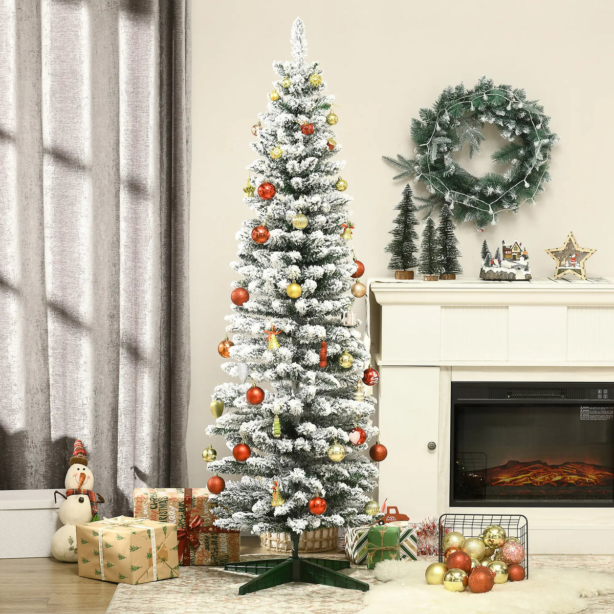 6ft Pencil Artificial Christmas Tree, Snow Flocked Branches, Green Artificial Christmas Trees at Gallery Canada