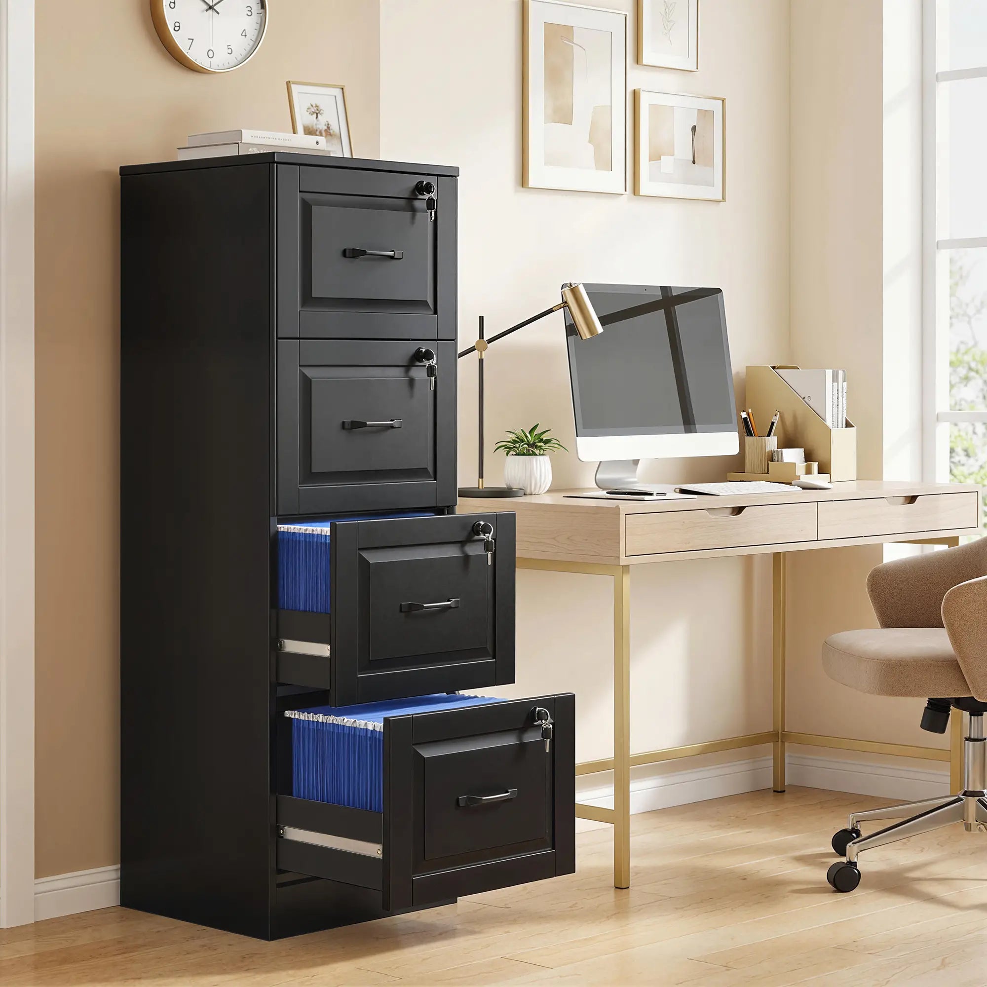 4 Drawer File Cabinet With Lock, Adjustable Hanging Bars, Black Office Cabinets & Cupboards at Gallery Canada