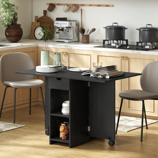 Folding Drop Leaf Kitchen Table with Drawer and Shelves, Black Dining Tables Black at Gallery Canada