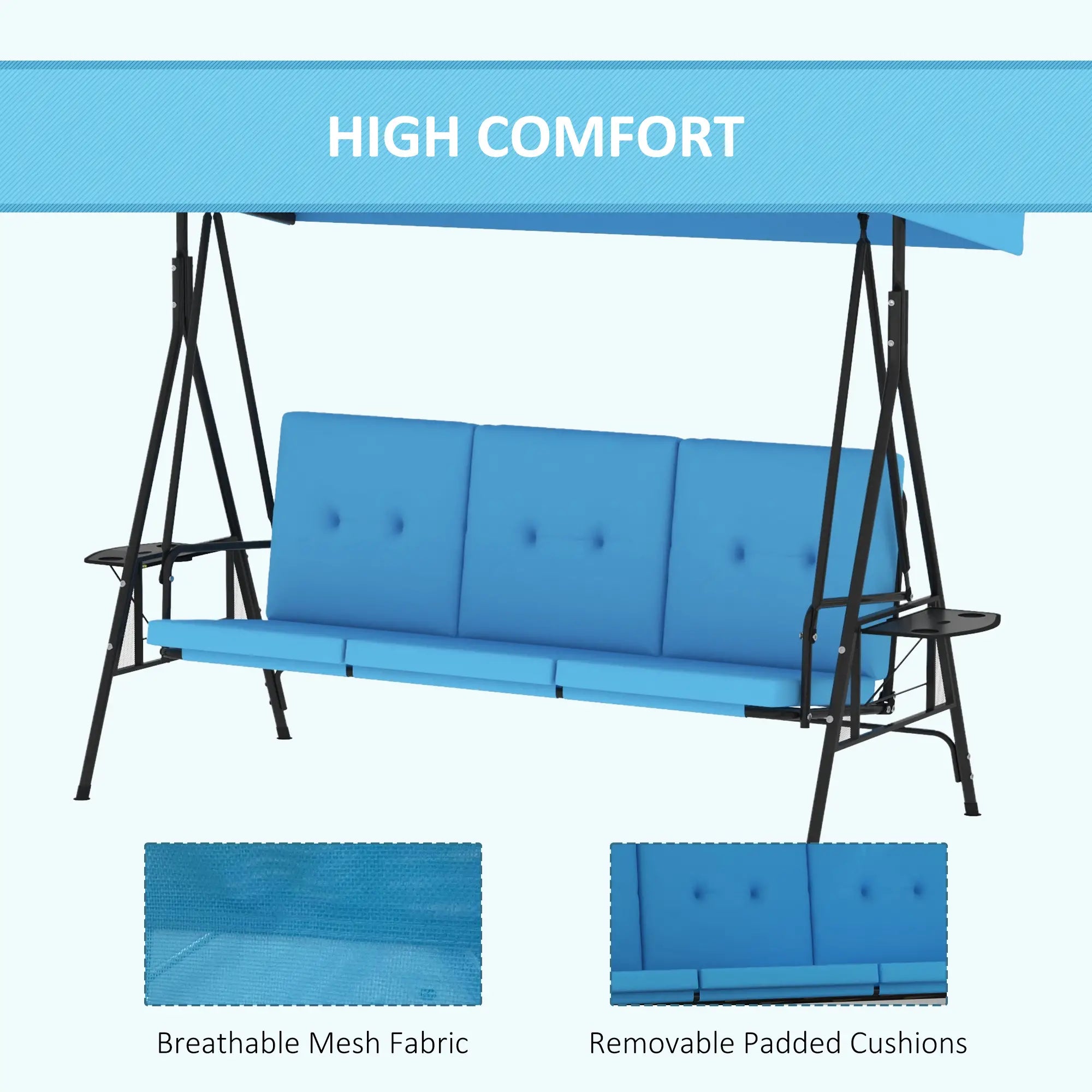 3-Seat Outdoor Porch Swing With Adjustable Canopy, Tray, Cushion, Blue Patio Swings with Stand at Gallery Canada