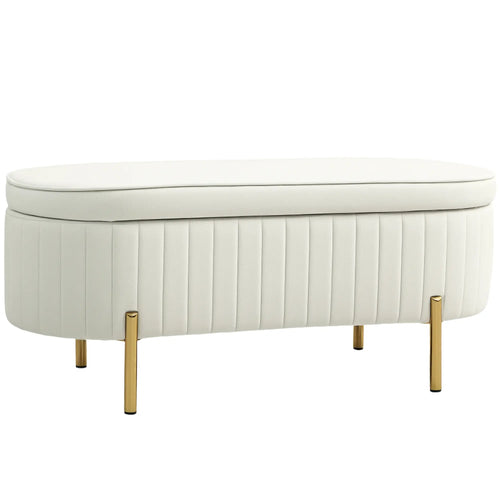 Upholstered Channel Tufted Ottoman Bench, Thick Padding, Metal Legs, Cream White