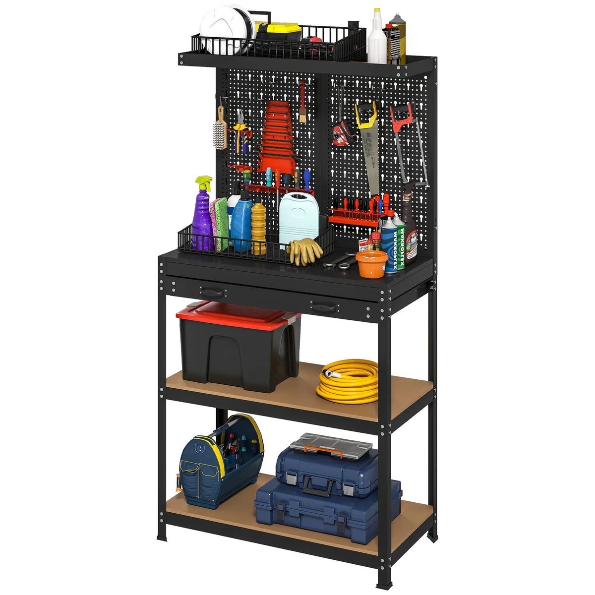 31.5 Inch Workbench with Pegboard, 2 Shelves, Drawer, Black Tool Organizers Black at Gallery Canada