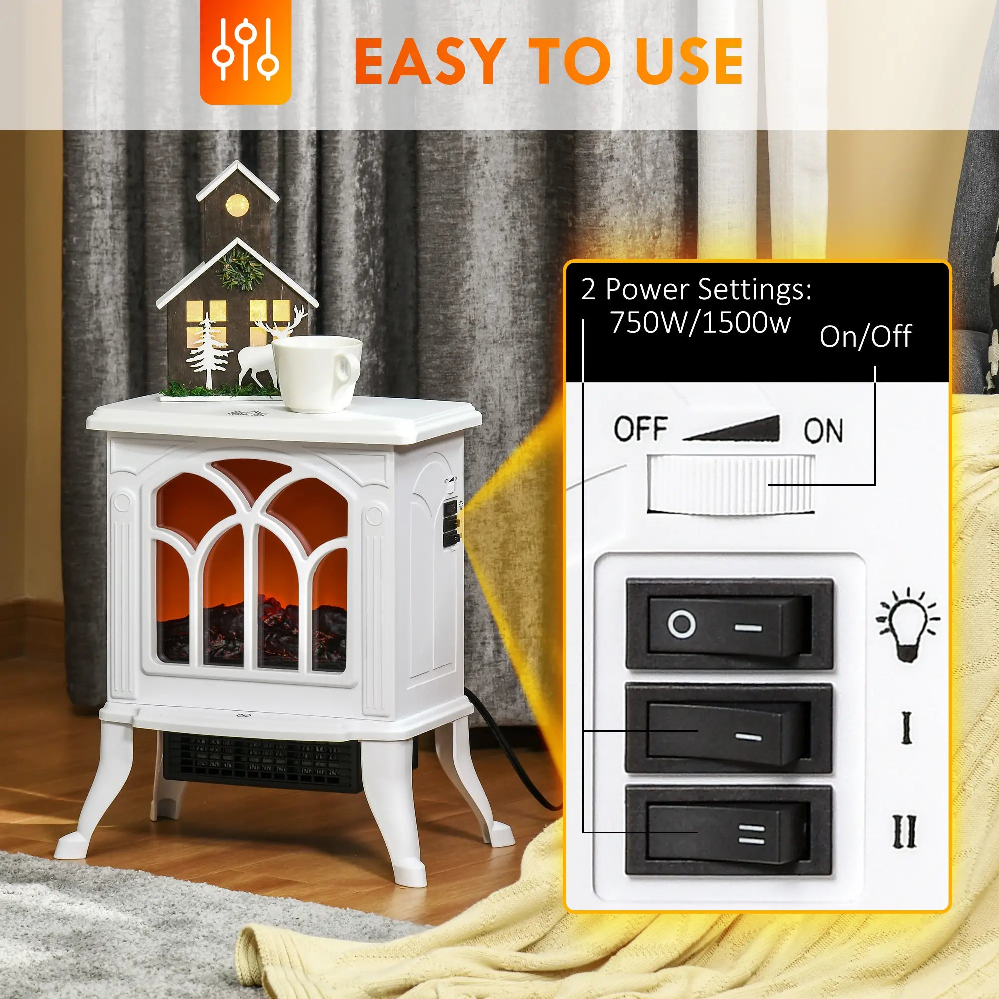 Electric Fireplace Heater, Freestanding, Realistic Flame, Overheat Protection, 750W/1500W, White Electric Fireplaces at Gallery Canada