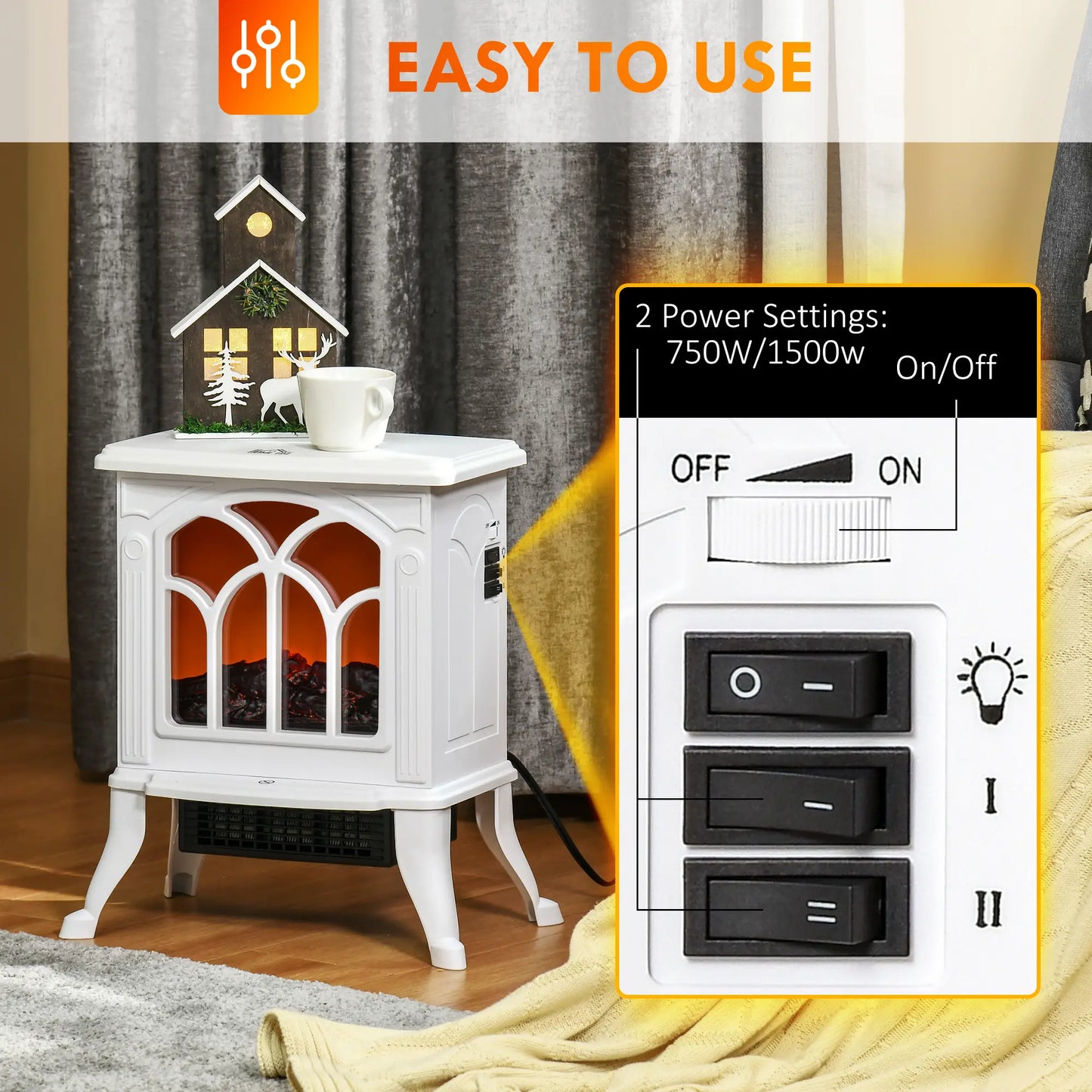 Electric Fireplace Heater, Freestanding, Realistic Flame, Overheat Protection, 750W/1500W, White Electric Fireplaces at Gallery Canada