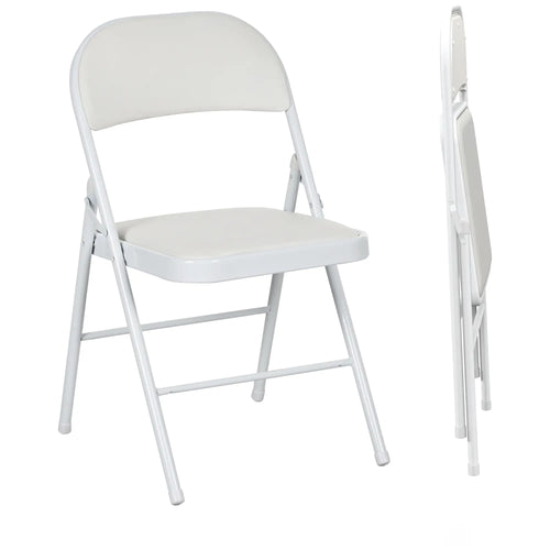 Set of 2 Metal Foldable Chairs, PU Leather Padded, White