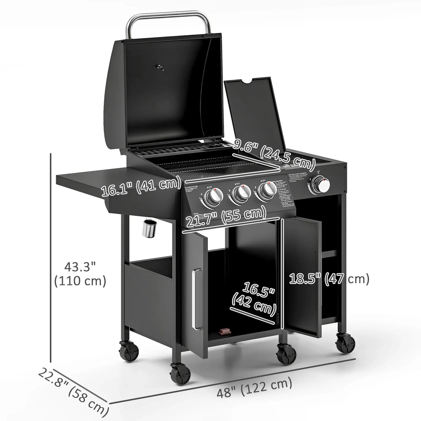 3 Burner Gas Grill With Side Burner, 9.5 KW Propane BBQ Grill, Cabinet Style Propane Gas Grills at Gallery Canada