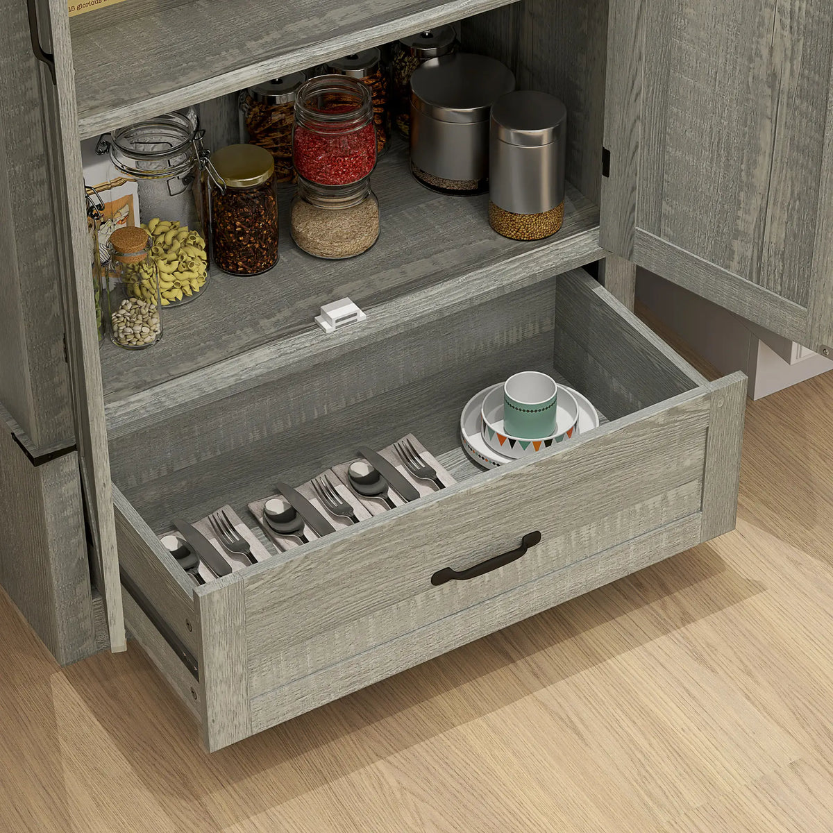 72" Farmhouse Pantry Cabinet, Adjustable Shelves, 2 Doors, Distressed, Light Grey Storage Cabinets at Gallery Canada
